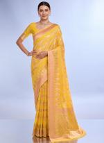 Linen Silk Yellow Casual Wear Jacquard Work Saree